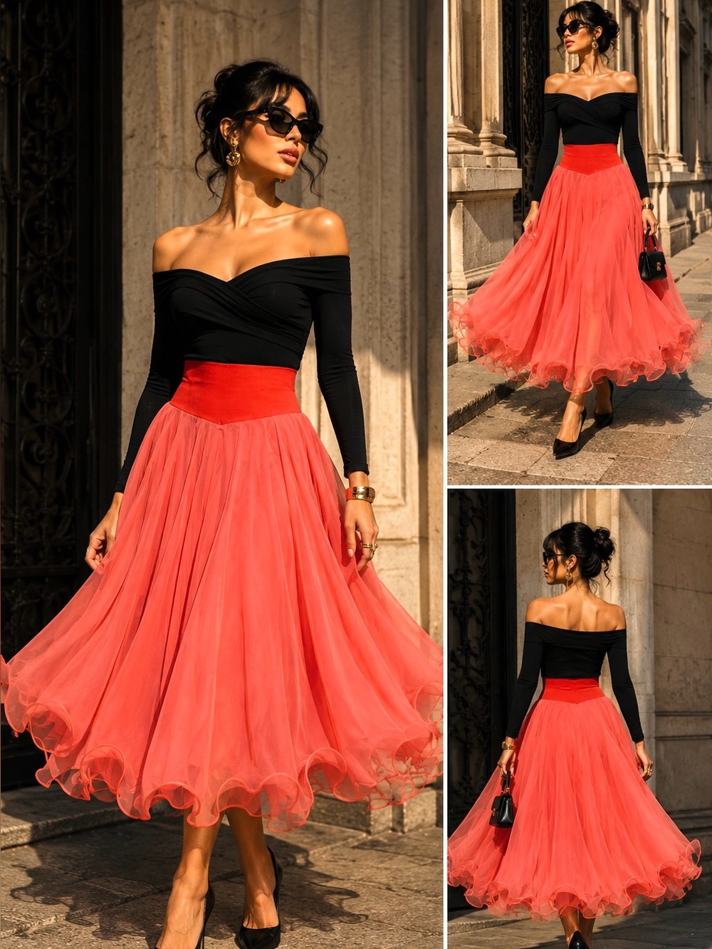 Handmade Coral Suede-Waist Tulle Chiffon Circle Maxi Skirt S/M - Picture 15 of 16